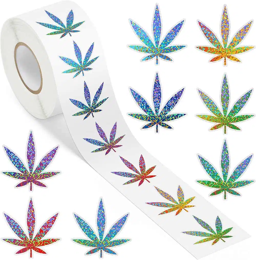 Wholesale Holographic Laser Glitter Leaf Labels | Custom Printed Die-Cut Packaging Stickers for Cannabis/Boutique Decor | Bulk Roll Supply