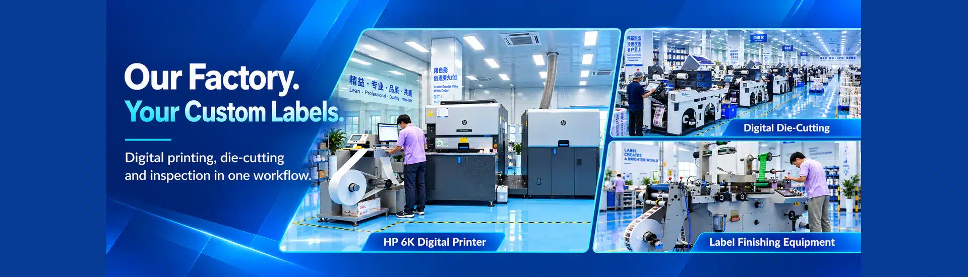 HXM factory equipment overview: HP 6K digital printer, die-cutting and label finishing equipment.