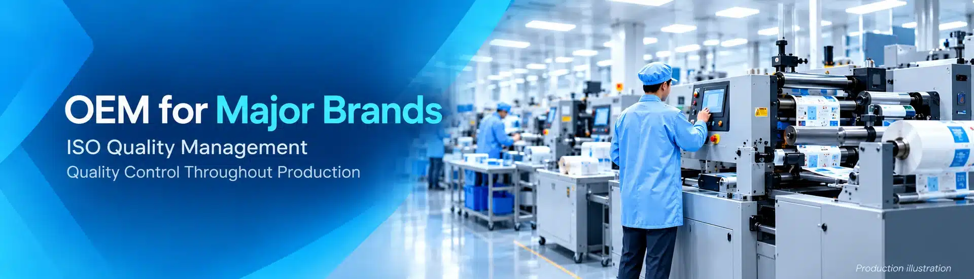 OEM for major brands, ISO quality management and quality control; production illustration
